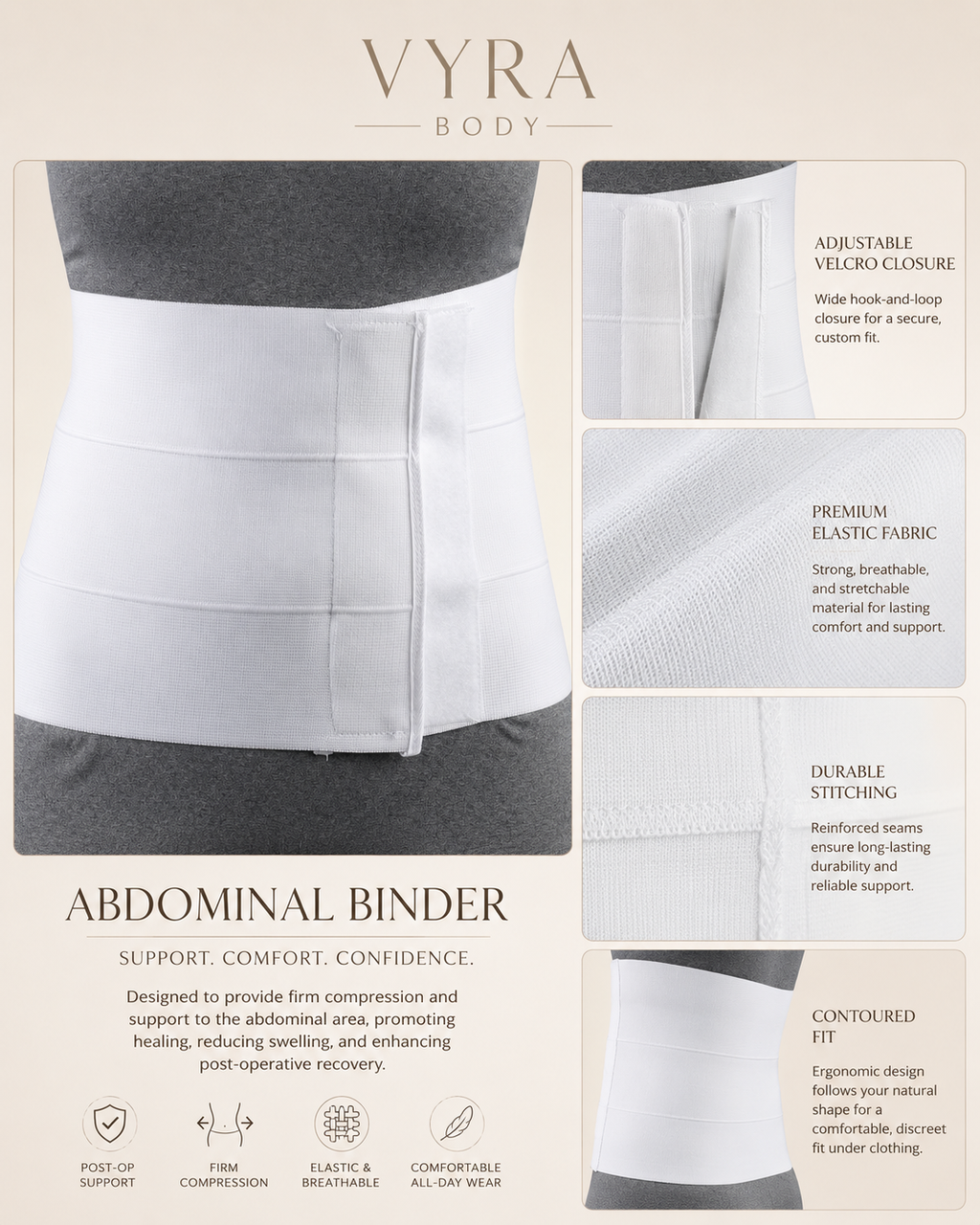 VYRA Abdominal Binder — post-op abdominal faja with adjustable Velcro